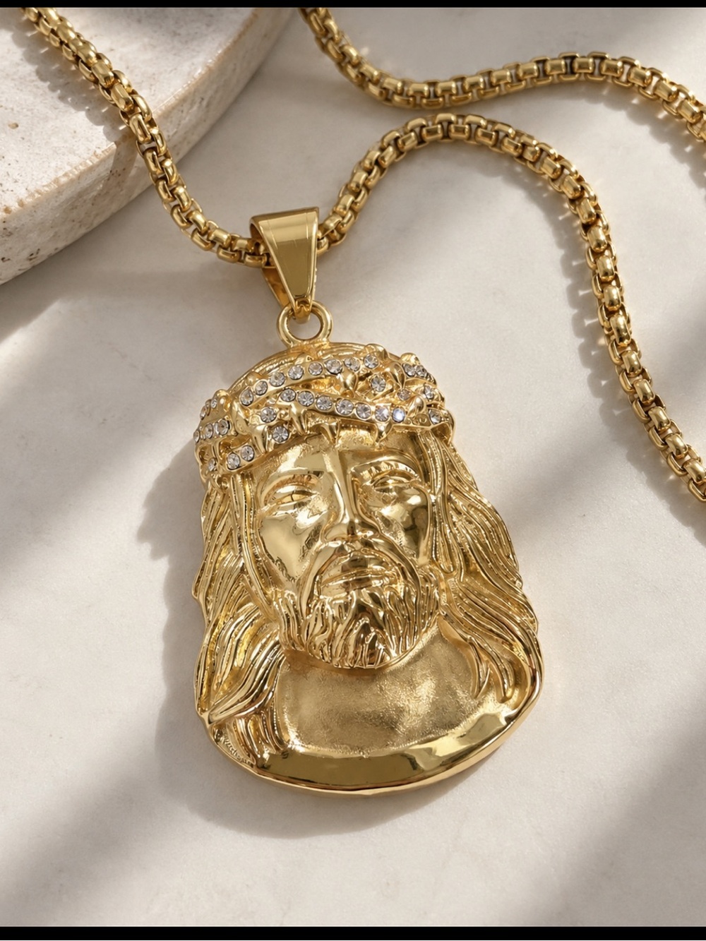 18K Gold Jesus Christ Pendant Necklace 24in Box Chain Iced Crown Hip Hop Unisex